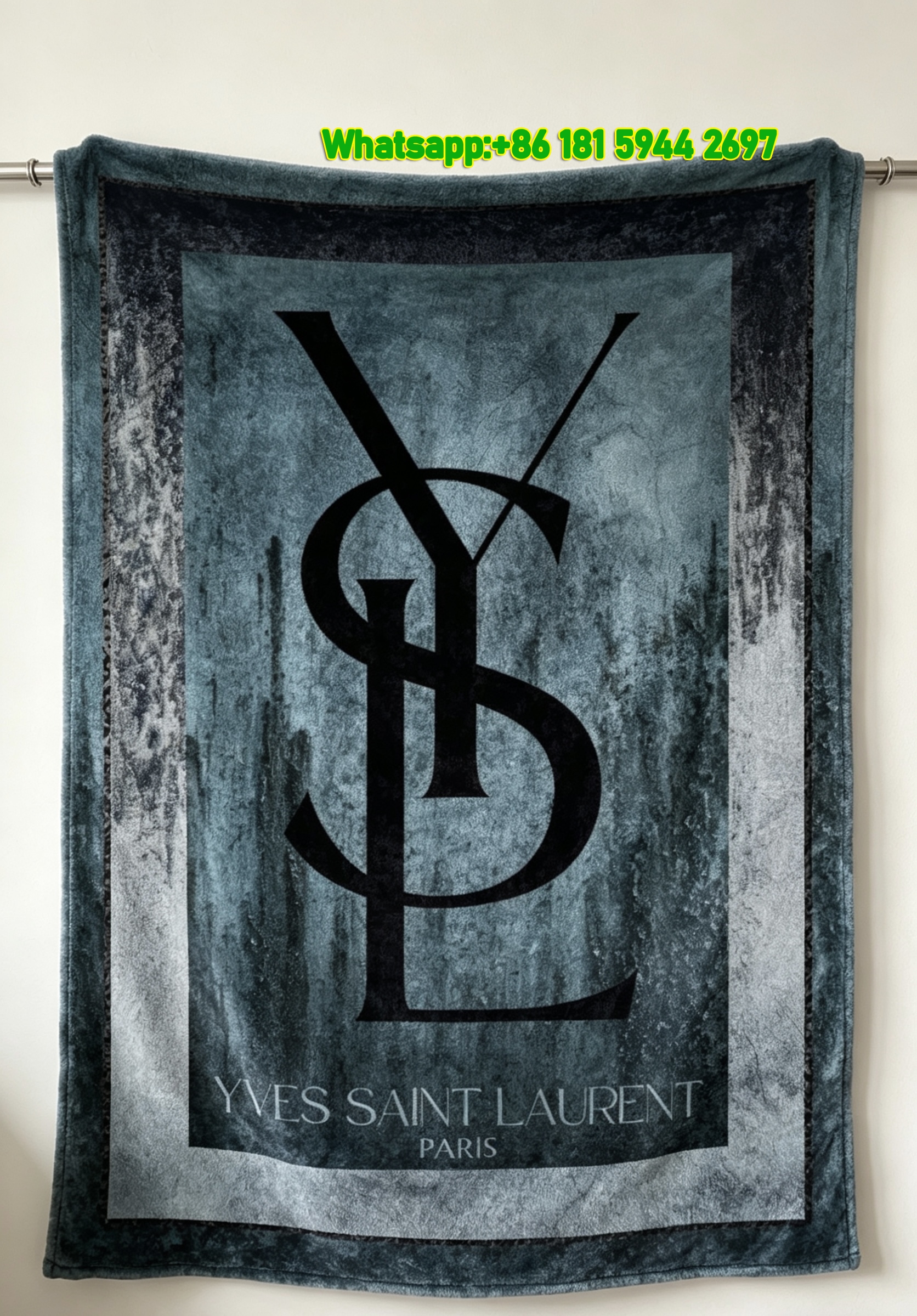 Yves Saint Laurent YSL Dark Blue Grey Distressed Logo Printed Fleece Throw Blanket IMG_3194